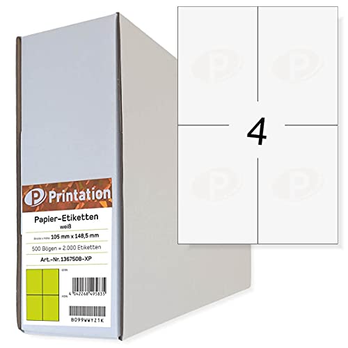 Printation Etiketten selbstklebend 105 x 148 mm - 500 A4 Blätter Bigpack / 4 Etiketten bedruckbar weiß pro Blatt 2x2 105x148 DIN A6-2000 Labels Versandaufkleber Versand-Etiketten Klebeetiketten von Printation