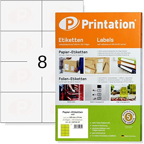 Printation 105 x 74 mm Universal Etiketten selbstklebend bedruckbar weiß - 25 DIN A4 Bogen zu 2x4 / 8 pro Blatt - 200 Adressetiketten selbstklebend 105x74 - Adress-Aufkleber Internetmarke rechteckig von Printation