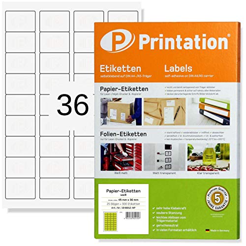 Printation Universal Etiketten selbstklebend 45 x 30 mm weiß abgerundete Ecken - 900 Sticker auf 25 DIN A4 Bogen à 4x9 45x30-36 Etiketten selbstklebend bedruckbar pro A4 Bogen - abgerundet BSB 5052 von Printation