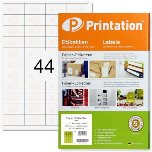 Printation Amazon FBA SKU Artikel-Etiketten 44 (48,5x25,4 mm) auf DIN A4 100 Blatt - 4400 Papier Barcode Aufkleber 48,5 x 25,4 mm weiß selbstklebend bedruckbar - 48x25 FBA-Produkt-Barcode-Etiketten von Printation