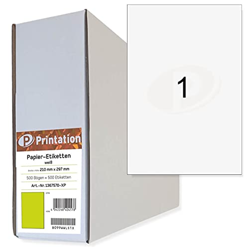 Printation 210 x 297 mm Universal Etiketten selbstklebend A4 weiß bedruckbar - 500 DIN A4 Bogen Bigpack à 1x1 210x297 Klebepapier A4 bedruckbar - 3478 6119 4631 Klebeetiketten/Haftetiketten von Printation