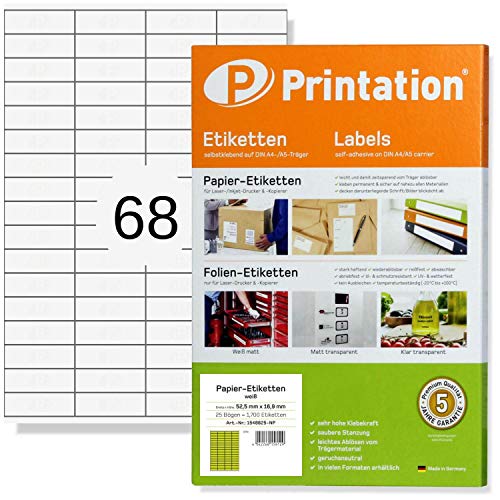 Printation Universal Etiketten 52,5 x 16,9 mm - 1700 Blanko Klebeetiketten zum Bedrucken weiß - 25 DIN A4 Bogen 4x17 52x16 68 Labels/Sticker pro Bogen -Etiketten selbstklebend bedruckbar 52,5x16,9 von Printation