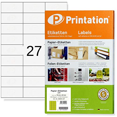 Printation Universal Etiketten 70 x 32 mm weiß - 675 Etiketten zum Bedrucken - 25 DIN A4 Bogen à 3x9 70x32 Labels - 27 Sticker pro Blatt - Etiketten selbstklebend bedruckbar/Haftetiketten 3479 4450 von Printation