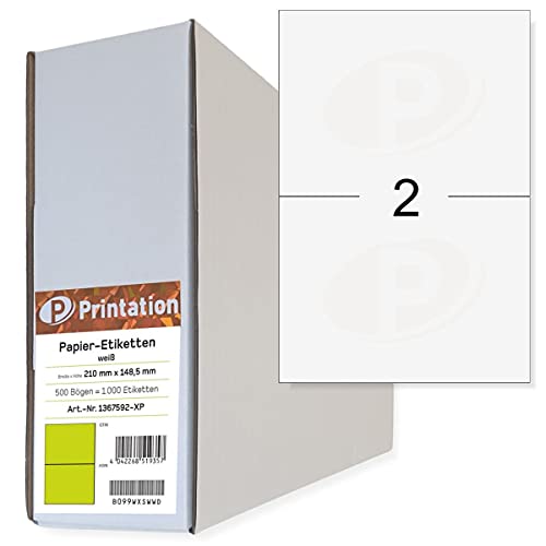 Printation Versand-Etiketten 210 x 148 mm - 1000 Etiketten selbstklebend 210x148 weiß - 500 DIN A4 Bogen Bigpack à 2 Adress-Aufkleber A5 / Klebeetiketten - Internetmarke DHL Etiketten Paket 3655 4628 von Printation