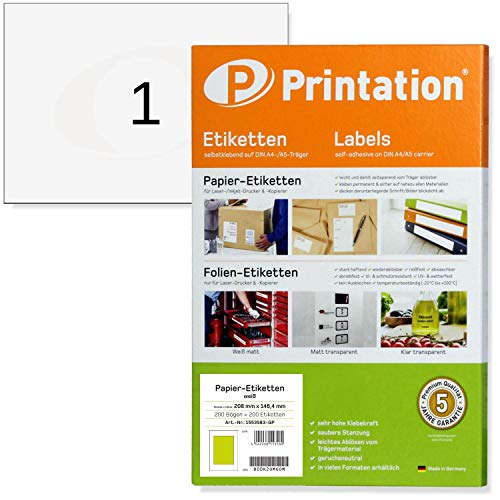 Printation Versandetiketten A5 210 x 148 mm - 200 DIN A5 Bogen mit jeweils einem Etikett 1x1 - Adressetiketten selbstklebend weiß - 210x148 DHL Etiketten selbstklebend - Paket-Aufkleber bedruckbar von Printation