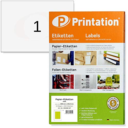 Printation Versandetiketten A5 210 x 148 mm weiß - 50 Adressetiketten selbstklebend 210x148 auf 50 DIN A5 Bogen - DHL Etiketten selbstklebend - Paketaufkleber Paketetiketten Sticker Labels - 6135 8690 von Printation