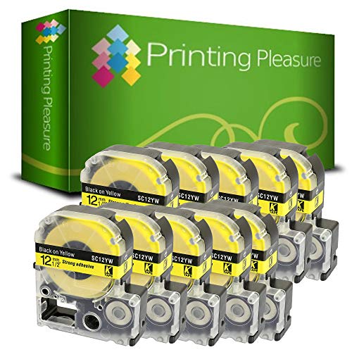 10x Schriftband kompatibel für Epson AC12YW Schwarz auf Gelb (12mm x 8m) für Epson LabelWorks LW-300, LW-400, LW-500, LM-700, LW-900P, KingJim TepraPro Etikettendrucker von Printing Pleasure