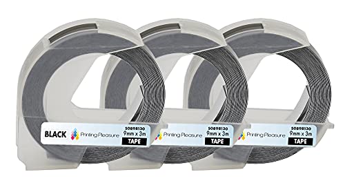 3er Pack Selbstklebenden Etiketten 3D weiß auf schwarz Prägeband 9mm x 3m, Kunststoff, kompatibel für DYMO Omega und Junior Etikettenprägegerät von Printing Pleasure