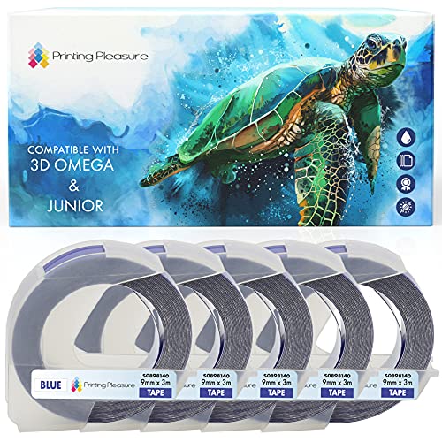 5er Pack Selbstklebenden Etiketten 3D weiß auf blau Prägeband 9mm x 3m, Kunststoff, kompatibel für DYMO Omega und Junior Etikettenprägegerät von Printing Pleasure