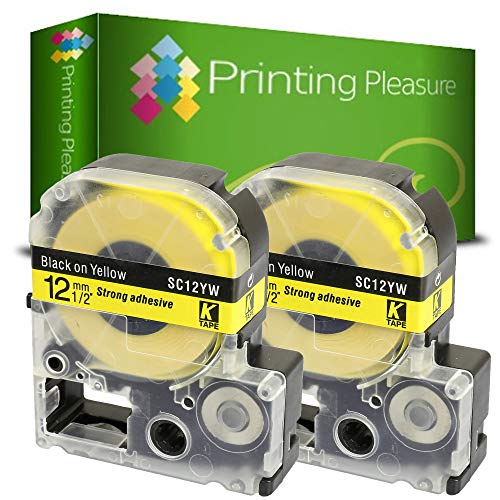 Printing Pleasure 2X AC12YW SC12YW Schwarz auf Gelb, Schriftband kompatibel für Epson LabelWorks LW-300 LW-400 LW-500 LM-700 LW-900P OK200 OK300 OK500P OK720 OK900P KingJim TepraPro | 12mm x 8m von Printing Pleasure