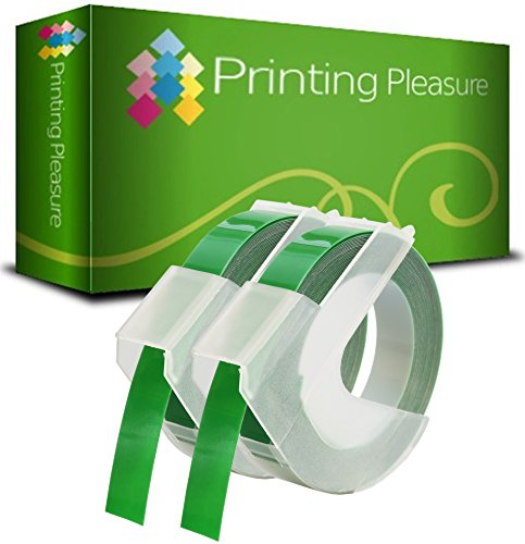 Printing Pleasure 2x Grün Prägebänd S0898160 Prägeetiketten für Dymo Junior S0717900 & Omega S0717930 Prägegeräte | 9mm x 3m | weißer Druck auf grünem Untergrund von Printing Pleasure