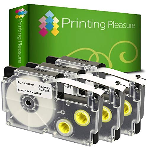 Printing Pleasure 3 x XR-9WE XR-9WE1 Schwarz auf Weiß, Schriftband kompatibel für Casio KL-60 KL-100 KL-120 KL-200 KL-300 KL-750 KL-780 KL-820 KL-2000 KL-7000 KL-7200 KL-8100 | 9mm x 8m | Farbband von Printing Pleasure