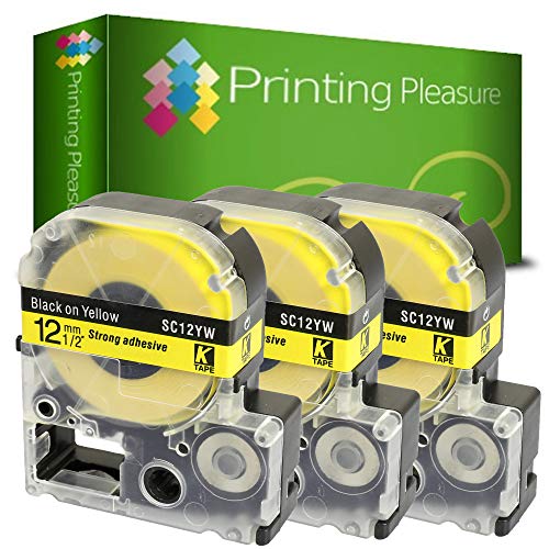 Printing Pleasure 3X AC12YW SC12YW Schwarz auf Gelb, Schriftband kompatibel für Epson LabelWorks LW-300 LW-400 LW-500 LM-700 LW-900P OK200 OK300 OK500P OK720 OK900P KingJim TepraPro | 12mm x 8m von Printing Pleasure