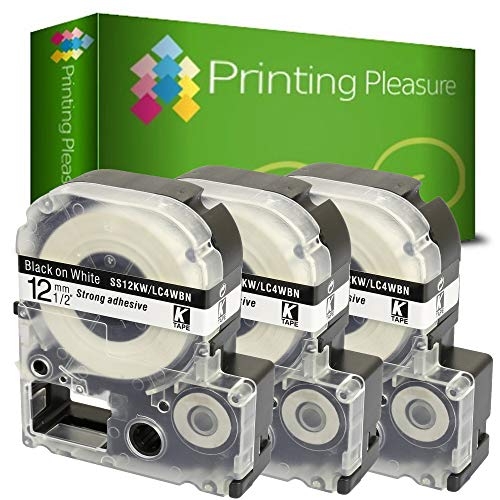 Printing Pleasure 3x AS12KW SS12KW Schwarz auf Weiß, Schriftband kompatibel für Epson LabelWorks LW-300 LW-400 LW-500 LM-700 LW-900P OK200 OK300 OK500P OK720 OK900P KingJim TepraPro | 12mm x 8m von Printing Pleasure