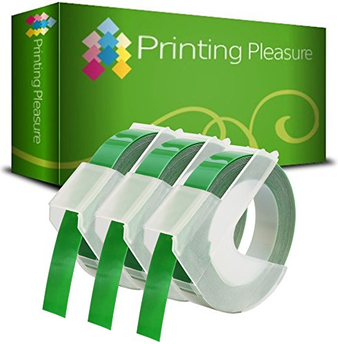 Printing Pleasure 3x Grün Prägebänd S0898160 Prägeetiketten für Dymo Junior S0717900 & Omega S0717930 Prägegeräte | 9mm x 3m | weißer Druck auf grünem Untergrund von Printing Pleasure