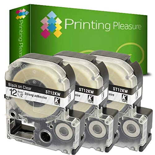 Printing Pleasure 3x AT12KW ST12KW Schwarz auf Transparent, Schriftband kompatibel für Epson LabelWorks LW-300 LW-400 LW-500 LM-700 LW-900P OK200 OK300 OK500P OK720 OK900P KingJim TepraPro | 12mm x 8m von Printing Pleasure