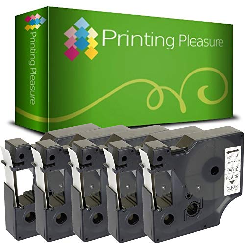 Printing Pleasure 5 x D1 45010 S0720500 Schwarz auf Transparent, Schriftband kompatibel für Dymo LabelManager 160 210D 220P 280 360D 420P 450 500TS PnP & LabelPoint & LabelWriter 450 Duo | 12mm x 7m von Printing Pleasure