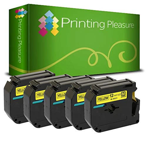 Printing Pleasure 5 x M K631 M K631BZ Schwarz auf Gelb, Schriftband kompatibel für Brother P-Touch PT80 PT85 PT90 PT100 PT110 PT55S PT65 PT65SB PT70 PT70BM PT70HK PT70HOT PT70SP PT70SR | 12mm x 8m von Printing Pleasure