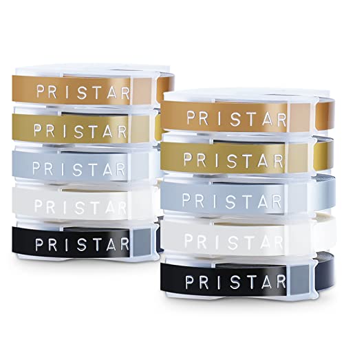 Pristar Kompatibel Prägeband mit Dymo 3D Kunststoff 9mm x 3m für Omega Junior E101 E303 Etikettenprägegerät Vinyl-Prägeetiketten, Weiß auf Schwarz/Transparen/Gold/Silber/Champagnergold von Pristar