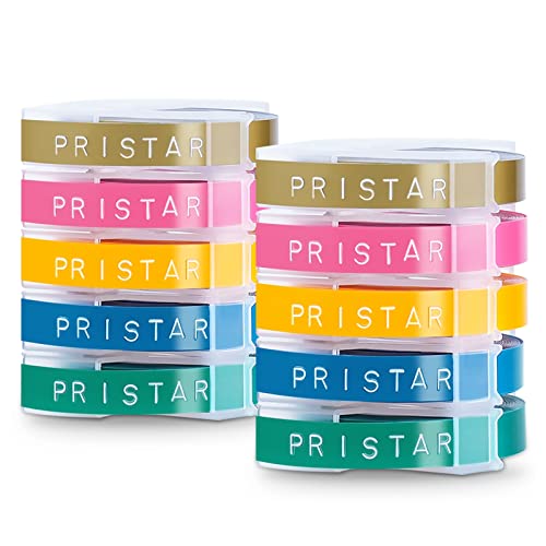 Pristar Kompatibel Prägeband mit Dymo 3D Kunststoff 9mm x 3m für Dymo Omega Junior E101 E303 Etikettenprägegerät Vinyl-Prägeetiketten, Weiß auf Golden/Gelb/Rosa/Seegrün/Meerblau von Pristar