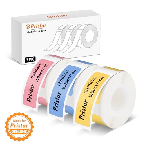 Pristar P15 Etiketten, 3 Rollen 12mm * 40mm Selbstklebendes Thermoband Etiketten, Kompatibel mit P15 Etikettendrucker, Pink+Gelb+Blau, 160 Etiketten/Rolle von Pristar