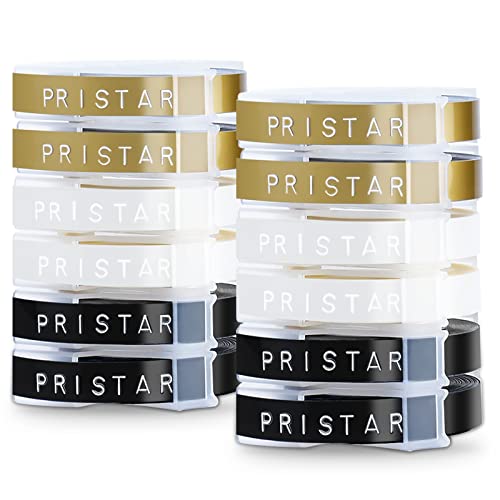 Pristar kompatibel Omega Etikettenband mit Dymo Prägeband 3D Kunststoff 9mm x 3m für Dymo Omega Junior Etikettenprägegerät Vinyl-Prägeetiketten, Weiß auf Schwarz/Transparent/Gold 12 Pack von Pristar