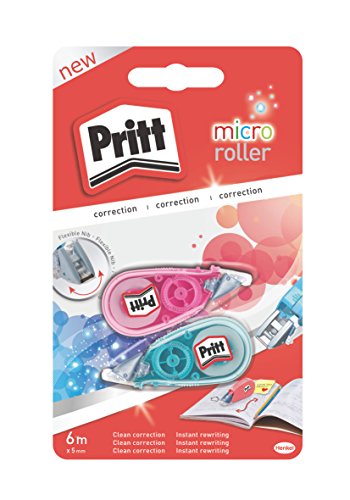 Pritt Korrekturroller, sofort überschreibbar, einfache Anwendung durch flexible Spitze, 5-er Vorteilspack mit jeweils 1 blauem und 1 pinkem Roller, Bandlänge 6 m, Bandbreite 5 mm, PRKMB, Weiß von Pritt