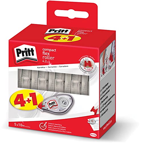 Pritt Korrekturroller Compact Flex, sofort überschreibbar, einfache Anwendung durch flexible Spitze, Bandlänge 10 m, Bandbreite 4,2 mm, 5-er Pack Spar-Set, 2382016, Weiß von Pritt