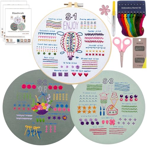 Prampe 3 Sets Sticken Set Erwachsene, Blumenmuster Pflanzen Stickset für Anfänger, Lebensatmosphäre Embroidery Kit, DIY Stickerei Starter Kit für Kinder Erwachsene von Prmape