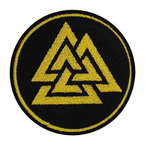 Valknut Wikinger-Dreiecke, gelb, rund, bestickt, zum Aufnähen oder Aufbügeln, 7 cm von Pro Armour