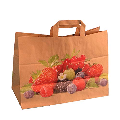 250 Bio Papiertragetaschen Papiertüten Tragetaschen Papier braun 36+17x27cm 90g/m² nassfest mit Neutralmotiv Beeren Obst Früchte von Pro DP