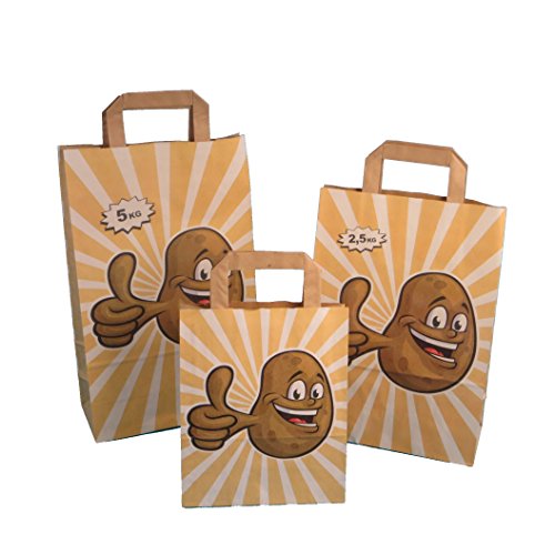 250 Papiertragetaschen Papiertüten Kartoffel Tragetaschen "Happy Potatoe" braun Flachhenkel 80-90g/m² stark verschiedene Größen zur Auswahl (18+8x22cm 80g/m²) von Pro DP