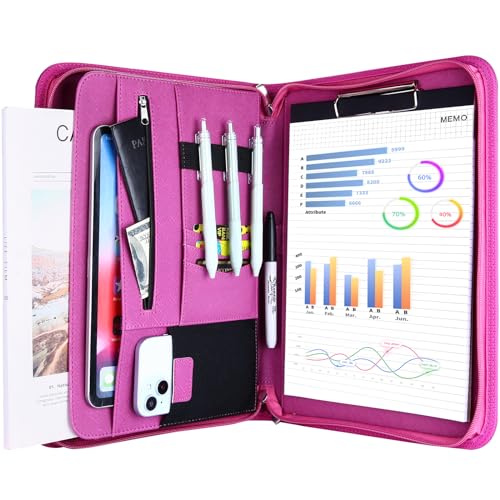 ProCase A4 Schreibmappe PU Kunstleder Konferenzmappe Portfolio mit Reißverschluss Klemmbrett Notizblock Business Dokumentenmappe, leichtes, langlebiges Material- Magenta von ProCase