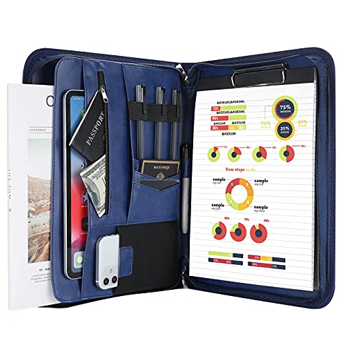 ProCase A4 Schreibmappe PU Kunstleder Konferenzmappe Portfolio mit Reißverschluss Klemmbrett Notizblock Business Dokumentenmappe, leichtes, langlebiges Material- Navy von ProCase