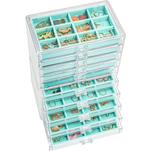 ProCase Acryl Schmuck Organizer Schmuckschatulle für Damen Durchsichtige Schmuckaufbewahrung Schmuckkästchen Schmuckbox mit 10 Schubladen für Ohrringe, Ringe, Armbänder -Blau von ProCase