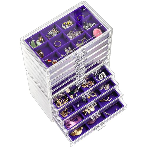 ProCase Acryl Schmuck Organizer Schmuckschatulle für Damen Durchsichtige Schmuckaufbewahrung Schmuckkästchen Schmuckbox mit 10 Schubladen für Ohrringe, Ringe, Armbänder -Lila von ProCase