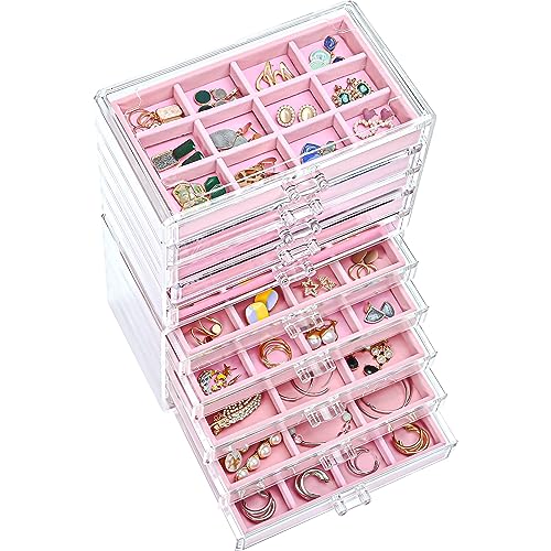 ProCase Acryl Schmuck Organizer Schmuckschatulle für Damen Durchsichtige Schmuckaufbewahrung Schmuckkästchen Schmuckbox mit 10 Schubladen für Ohrringe, Ringe, Armbänder -Rosa von ProCase