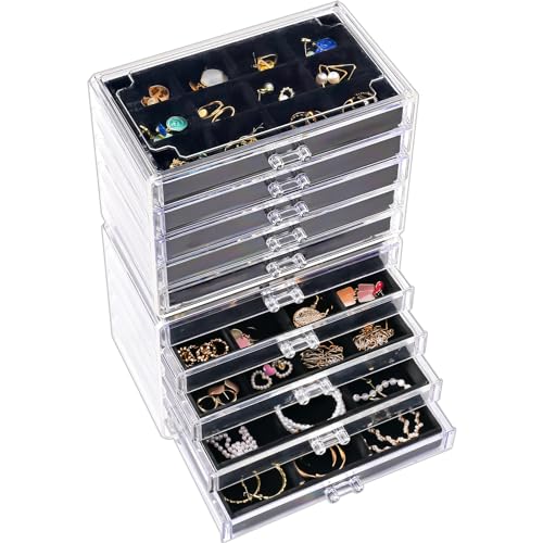 ProCase Acryl Schmuck Organizer Schmuckschatulle für Damen Durchsichtige Schmuckaufbewahrung Schmuckkästchen Schmuckbox mit 10 Schubladen für Ohrringe, Ringe, Armbänder -Schwarz von ProCase