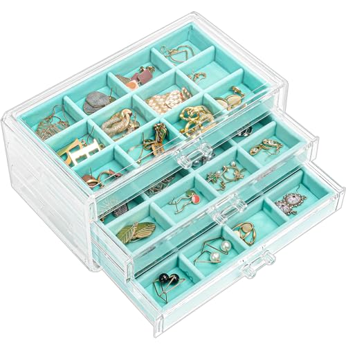 ProCase Acryl Schmuck Organizer Schmuckschatulle für Damen Durchsichtige Schmuckaufbewahrung Schmuckkästchen Schmuckbox mit 3 Schubladen für Ohrringe, Ringe, Armbänder -Blau von ProCase