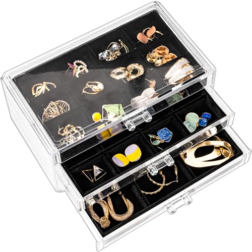 ProCase Acryl Schmuck Organizer Schmuckschatulle für Damen Durchsichtige Schmuckaufbewahrung Schmuckkästchen Schmuckbox mit 3 Schubladen für Ohrringe, Ringe, Armbänder -Schwarz von ProCase