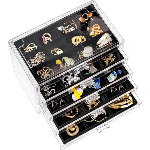 ProCase Acryl Schmuck Organizer Schmuckschatulle für Damen Durchsichtige Schmuckaufbewahrung Schmuckkästchen Schmuckbox mit 5 Schubladen für Ohrringe, Ringe, Armbänder -Schwarz von ProCase