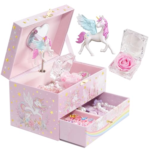 ProCase Kinder Musik Box Schmuckkästchen mit Spieluhr Einhorn & Konservierte Blumen, Schmuckschatulle mit Melodie für Mädchen -Swan Lake von ProCase