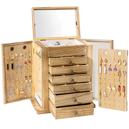 ProCase Schmuckkästchen Schmuckaufbewahrung Groß Holz Schmuckschatulle mit 7 Ebenen Schmuckkasten Schmuckbox Schmuck Organizer mit Spiegel, Schubladen für Ringe, Ohrringe - Natural von ProCase