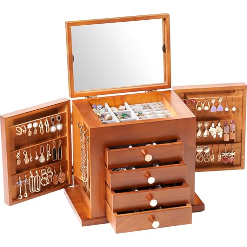 ProCase Schmuckkästchen Schmuckaufbewahrung Holz Schmuckschatulle mit 5 Ebenen Schmuckkasten Schmuckbox Schmuck Organizer mit Spiegel, Schubladen für Ringe, Ohrringe - Braun von ProCase