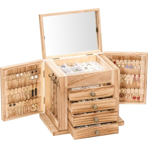 ProCase Schmuckkästchen Schmuckaufbewahrung Holz Schmuckschatulle mit 5 Ebenen Schmuckkasten Schmuckbox Schmuck Organizer mit Spiegel, Schubladen für Ringe, Ohrringe - Natural von ProCase