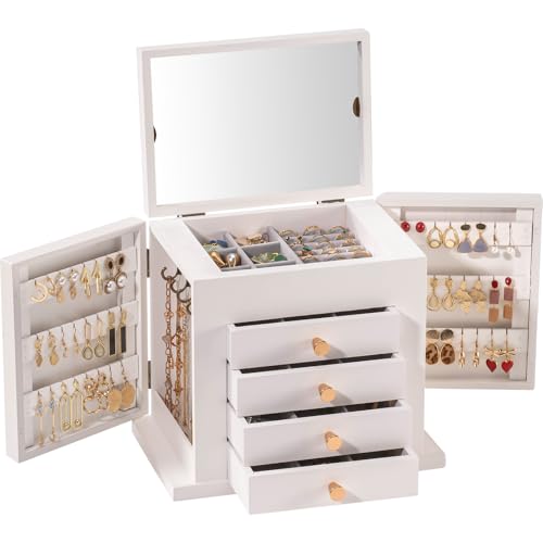 ProCase Schmuckkästchen Schmuckaufbewahrung Holz Schmuckschatulle mit 5 Ebenen Schmuckkasten Schmuckbox Schmuck Organizer mit Spiegel, Schubladen für Ringe, Ohrringe - Weiß von ProCase