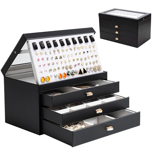 ProCase Schmuckschatulle Schmuckkästchen 4 Ebenen, Schmuckkasten mit 3 Schubladen, Schmuckaufbewahrung Schmuckbox mit Glasdeckel für Ohrringe Armbänder Halsketten Ringe -Schwarz von ProCase