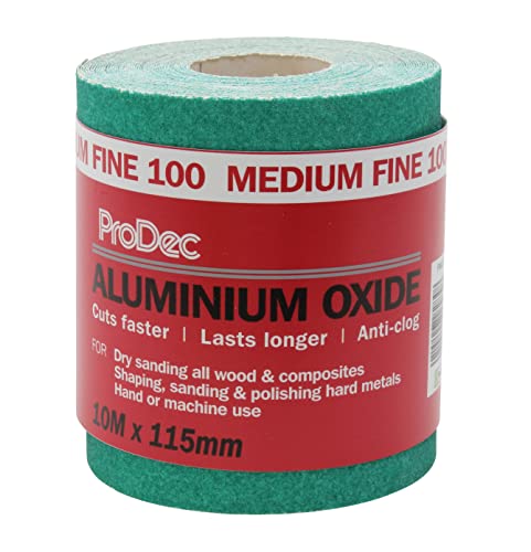 ProDec 10 m Rolle, mittelfeine, grünes Aluminiumoxid-Schleifpapier mit Körnung 100 zum Schleifen von Holz, Farbe, Putz, Spachtelmasse, Metall & mehr; Schleifpapier, kompatibel mit Maschinenschleifern von ProDec