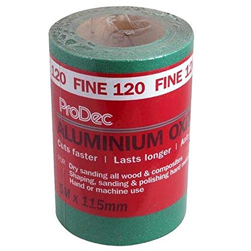 ProDec 5 m Rolle, feine, grünes Aluminiumoxid-Schleifpapier mit Körnung 120 zum Schleifen von Holz, Farbe, Putz, Spachtelmasse, Metall & mehr; Schleifpapier, kompatibel mit Maschinenschleifern von ProDec