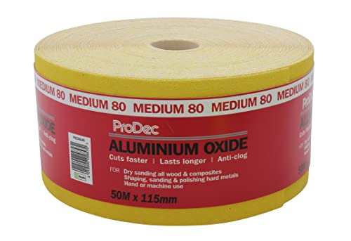 ProDec 50 m Rolle, mittlere, gelbes Aluminiumoxid-Schleifpapier mit Körnung 80 zum Schleifen von Holz, Farbe, Putz, Spachtelmasse, Metall & mehr; Schleifpapier, kompatibel mit Maschinenschleifern von ProDec